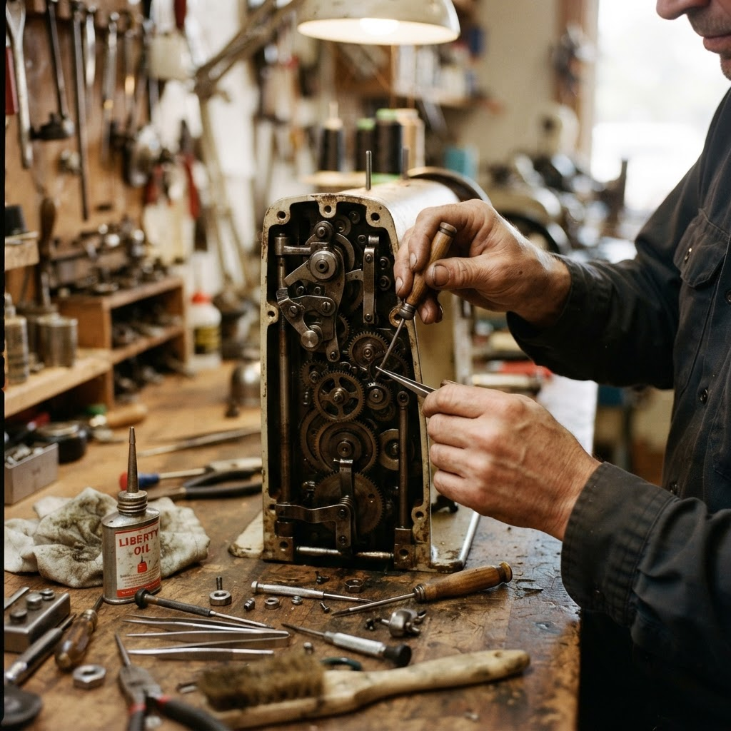 Hands repairing the internal mechanism of a sewing machine with precision tools